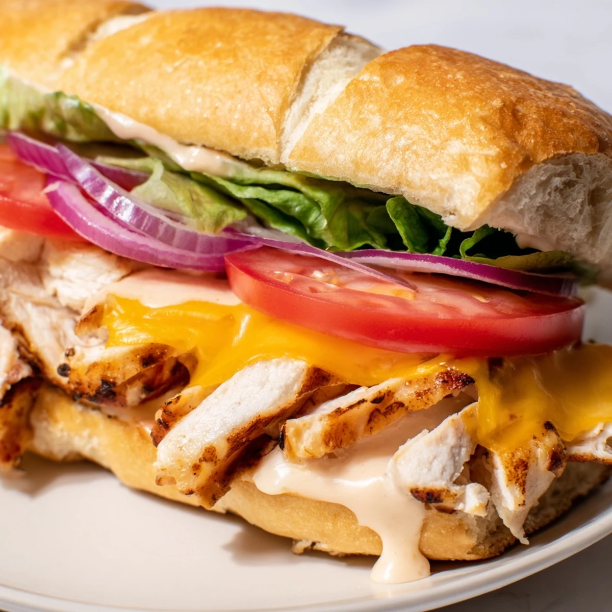 Golden cheesy grilled chicken sandwich stacked with crisp lettuce and tomato on toasted bread