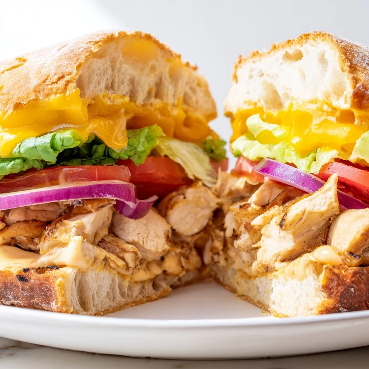 Homemade cheesy grilled chicken sandwich layered with fresh vegetables and tangy sauce on bun