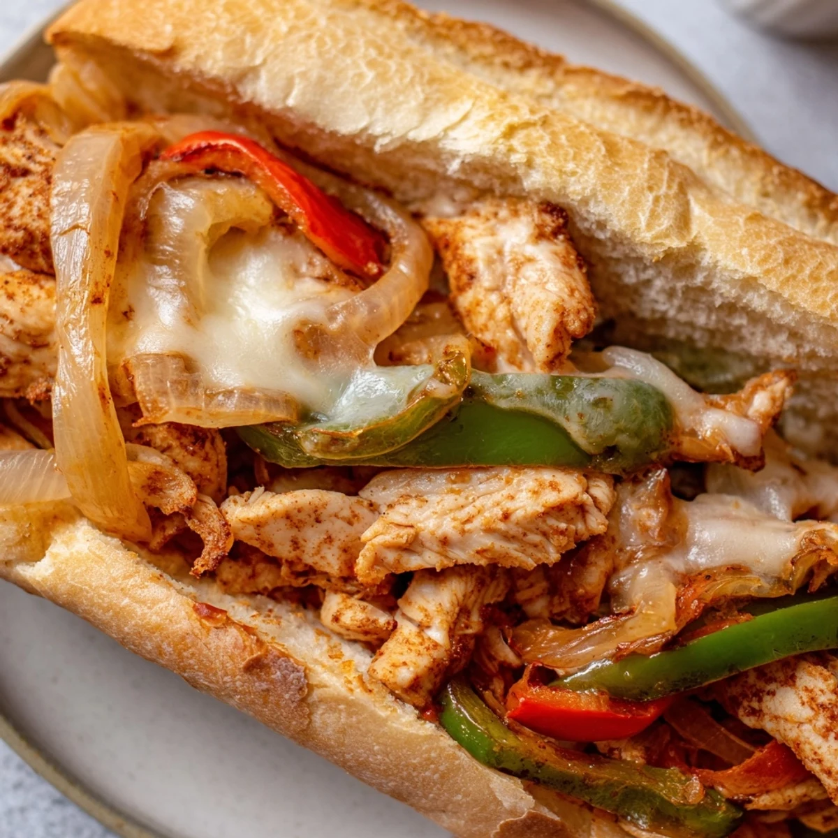 Golden brown chicken cheesesteak sandwich overflowing with melted provolone and sautéed peppers on toasted hoagie roll