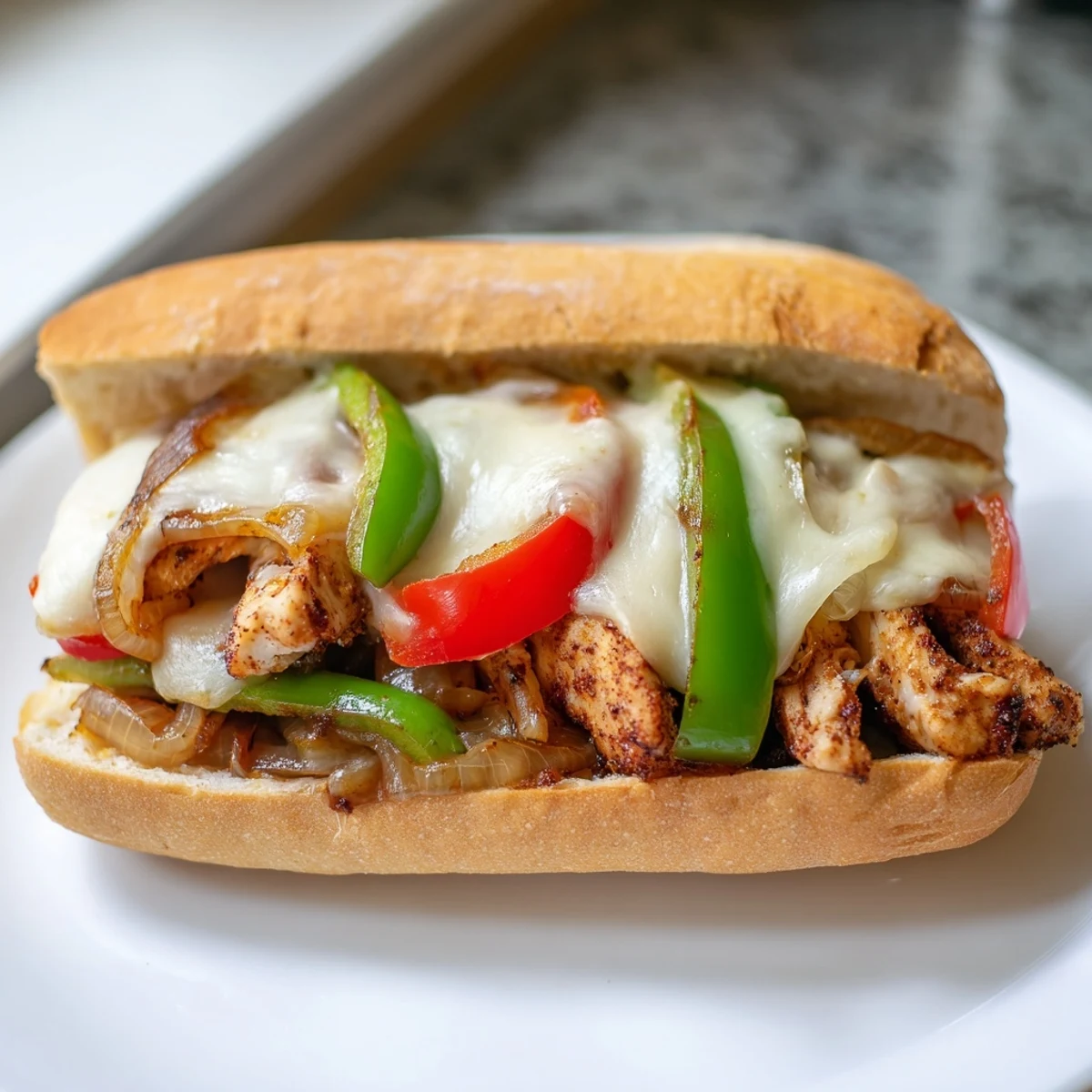Savory chicken cheesesteak sandwiches loaded with caramelized onions, bell peppers, and gooey melted provolone cheese