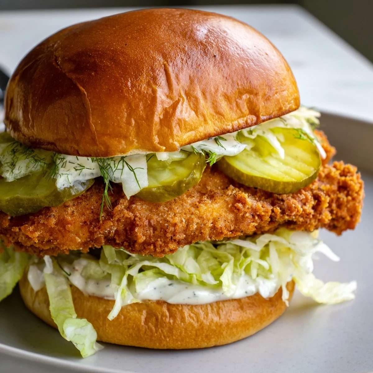 Golden crispy dill chicken sandwich stacked with pickles on toasted brioche bun