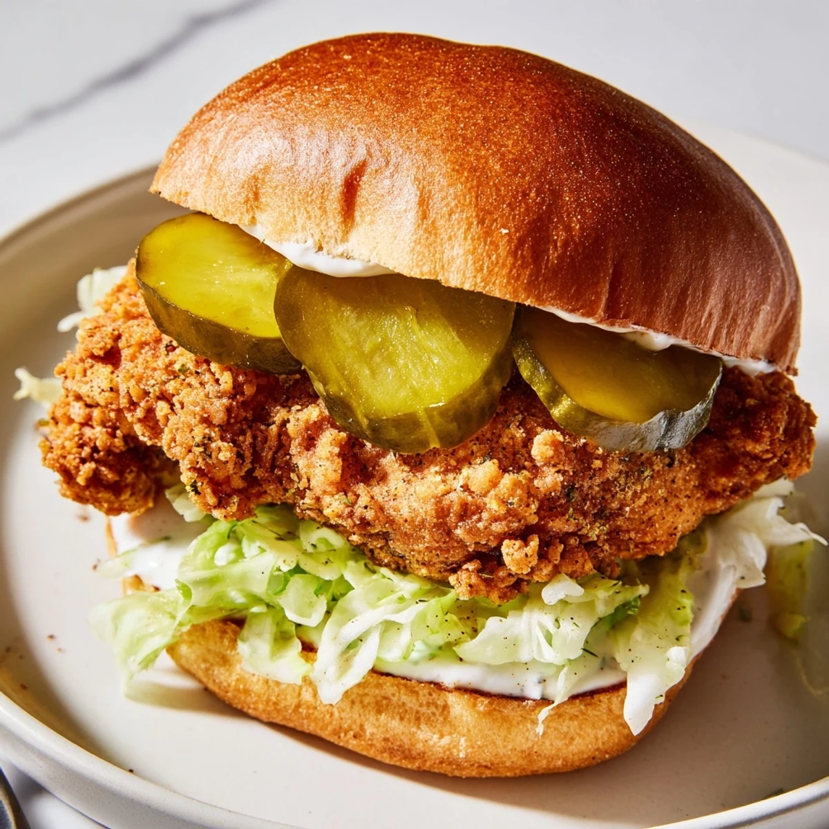 Homemade crispy dill chicken sandwich served with lettuce and creamy dill sauce