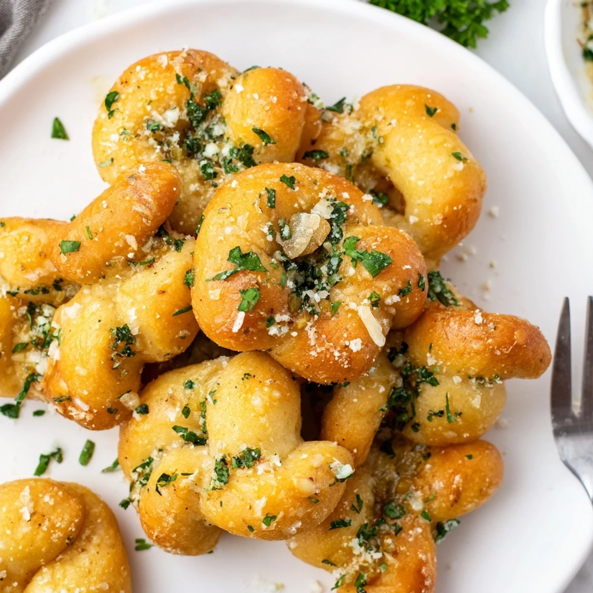 Golden brown gluten-free garlic knots brushed with melted butter and fresh parsley, served warm on a white plate