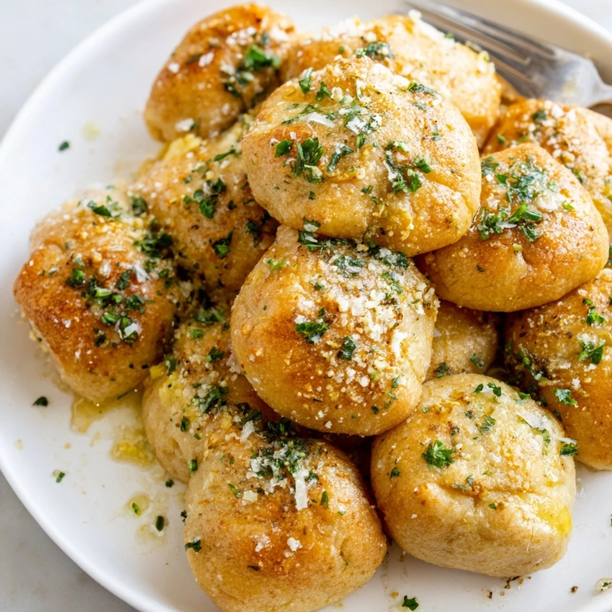 Soft pillowy gluten-free garlic knots arranged on a baking sheet, generously coated in garlic butter and Parmesan cheese