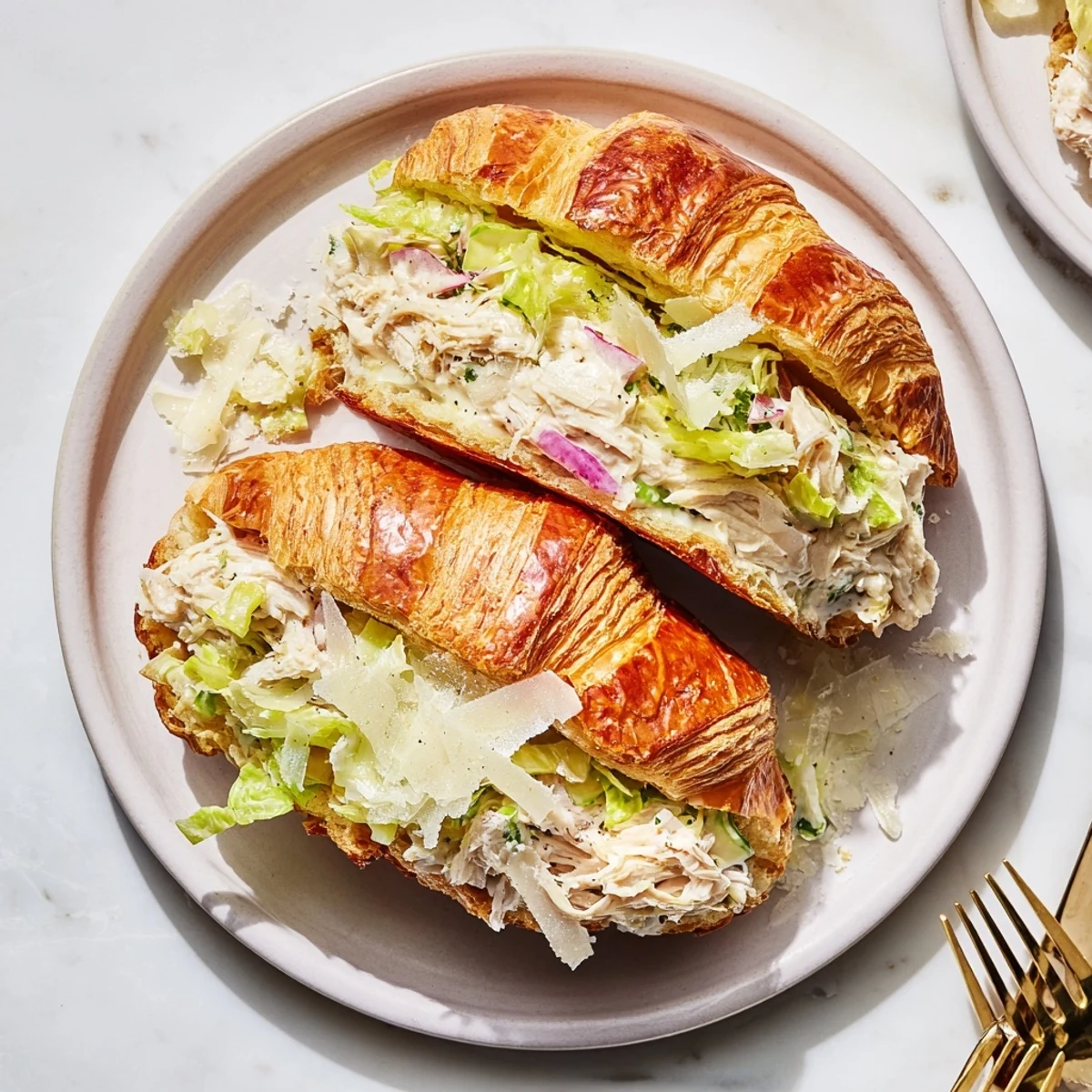 Flaky buttery croissant sandwich piled high with Parmesan chicken salad and fresh greens