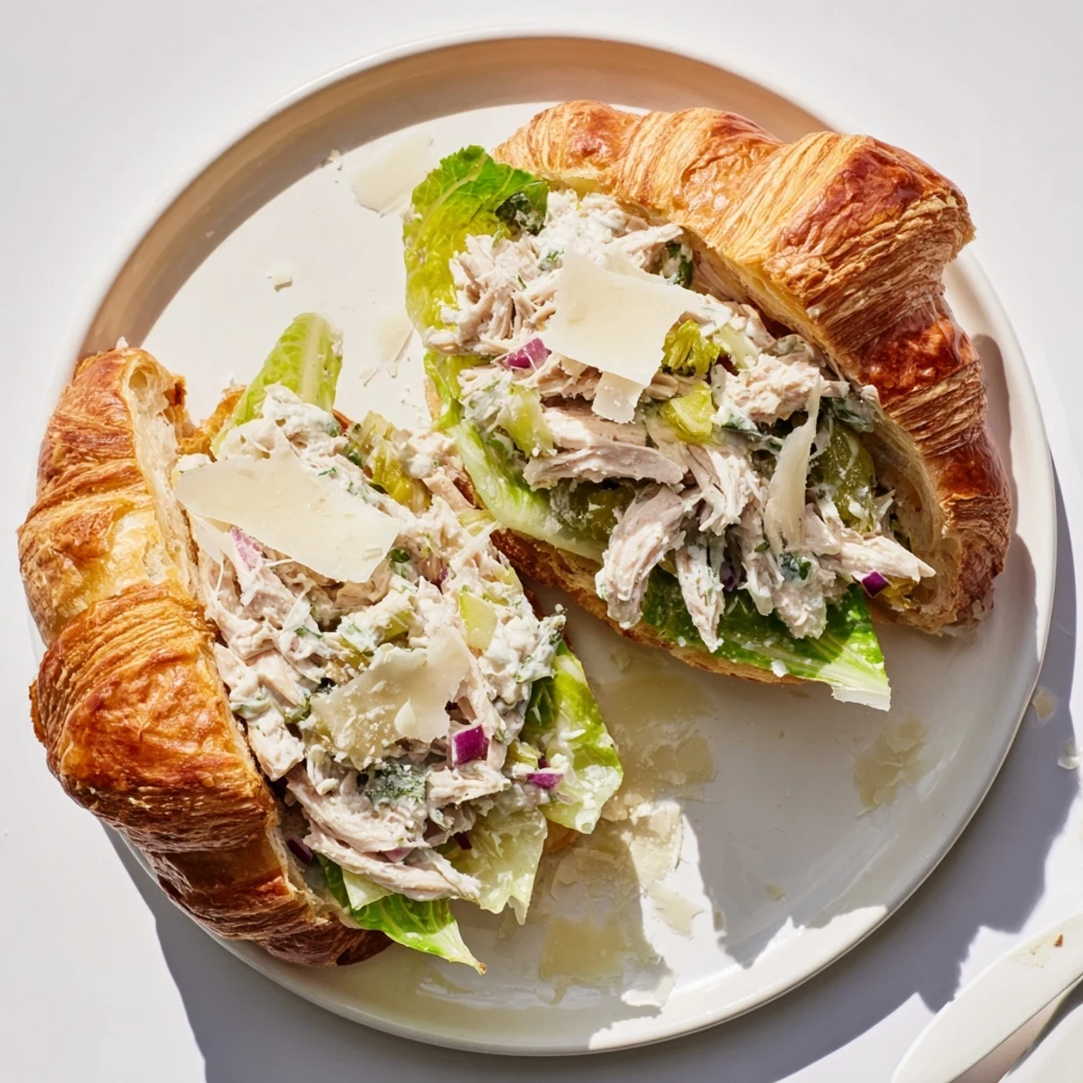 Golden croissant split open revealing creamy chicken Caesar salad with crisp romaine lettuce
