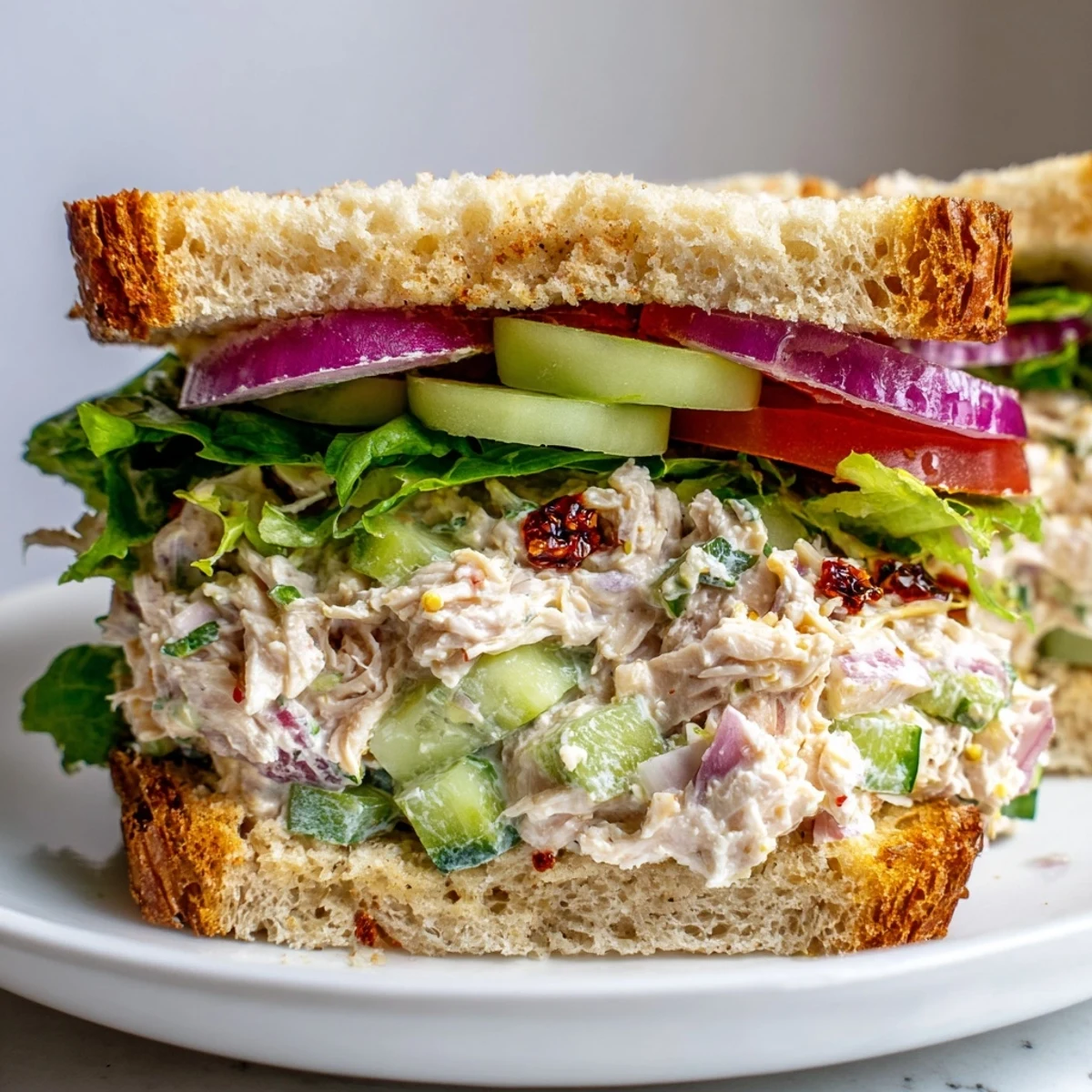 Open-faced chicken salad sandwich with chili crisp topped with fresh cucumber and tomato slices