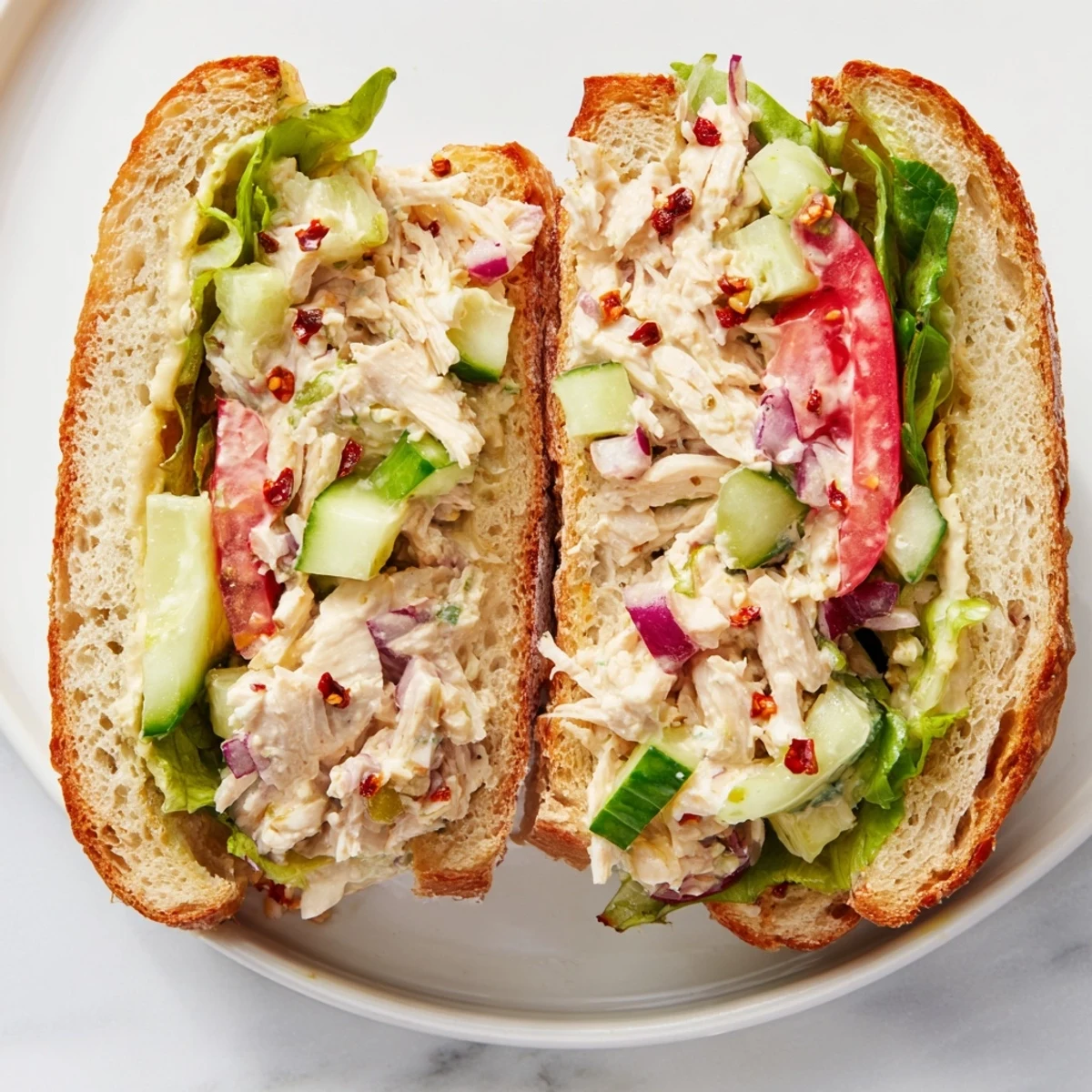 Toasted bread loaded with creamy chicken salad, spicy chili crisp, and crisp mixed greens