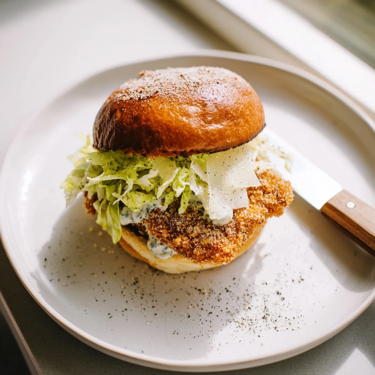 Golden brown crispy chicken Caesar sandwich layered with romaine lettuce on toasted brioche bun
