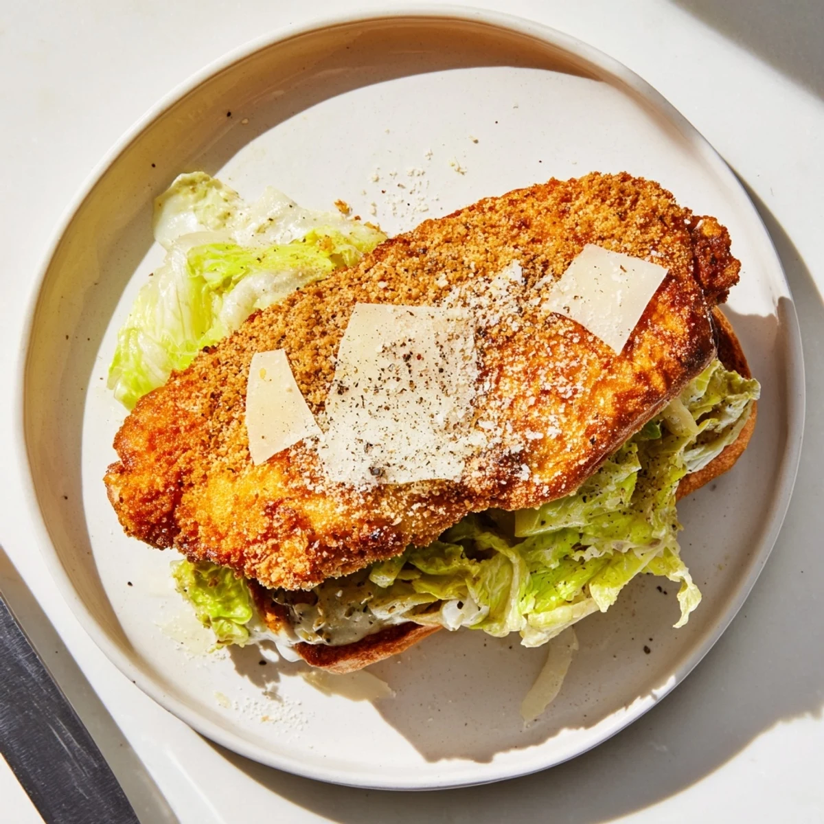 Mouthwatering chicken Caesar sandwich featuring crunchy fried chicken breast with tangy dressing and shaved Parmesan