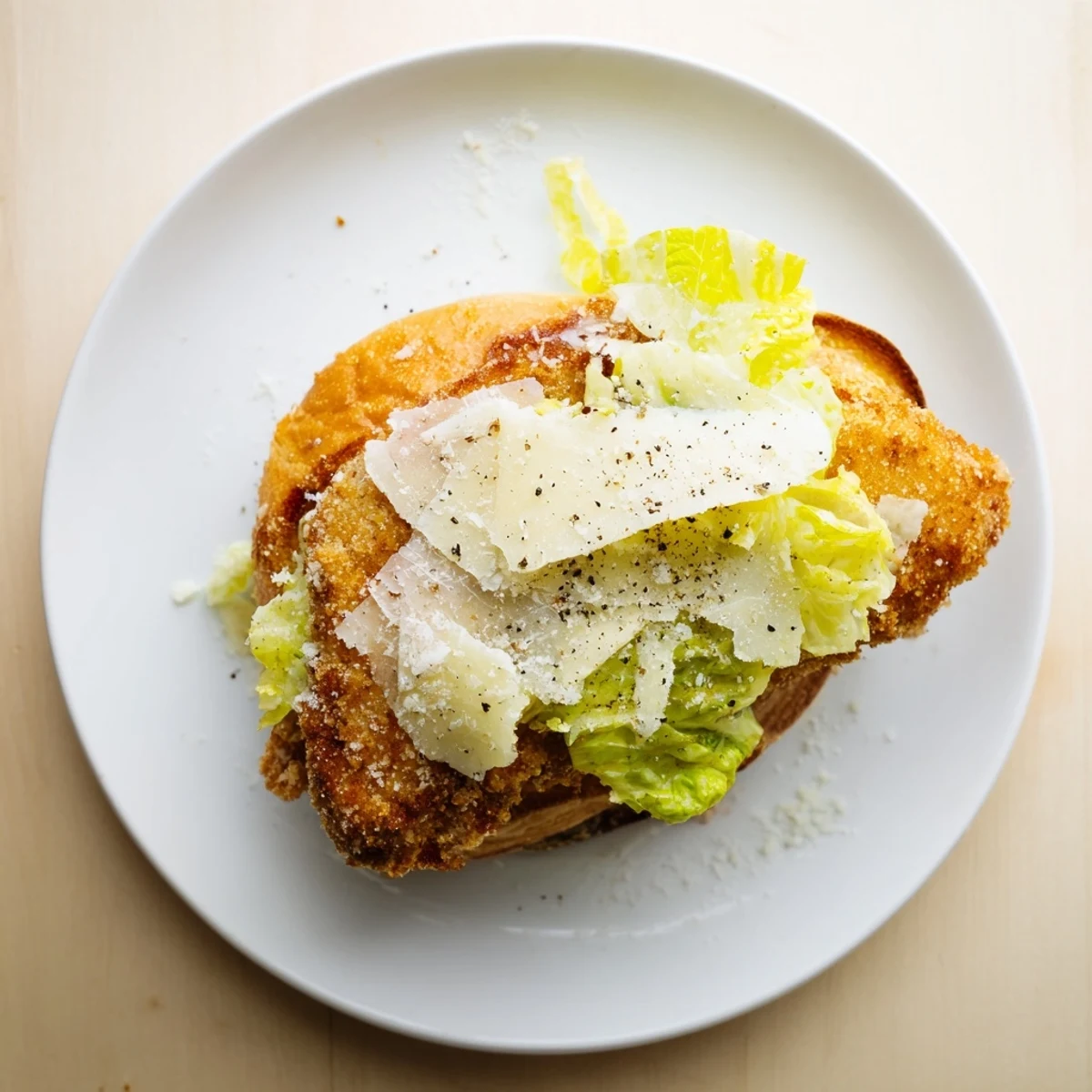 Toasted bun piled high with crispy chicken fillet, cool lettuce, and creamy Caesar dressing