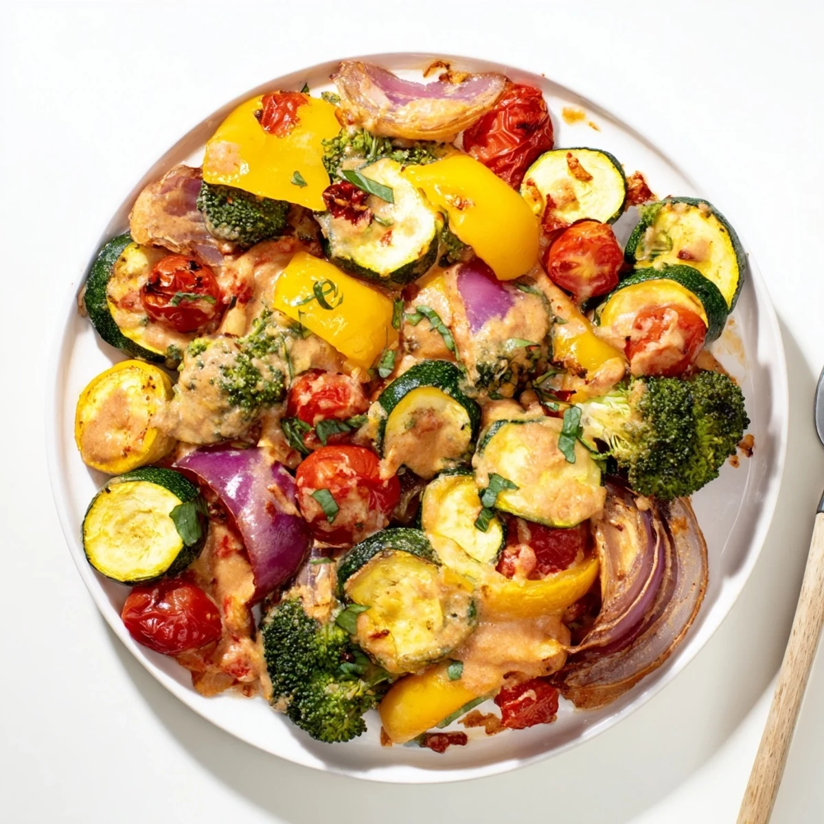 Colorful roasted vegetable medley drizzled with creamy sun-dried tomato sauce on a white serving platter