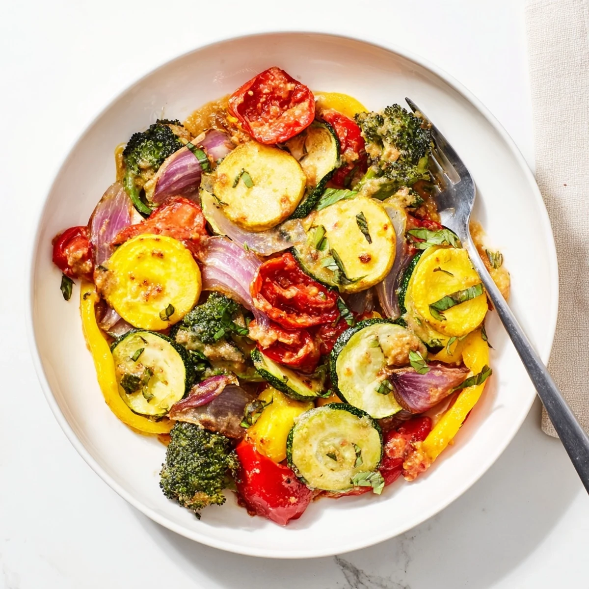 Vibrant marry me roasted vegetable medley with zucchini peppers and broccoli in tomato cream sauce