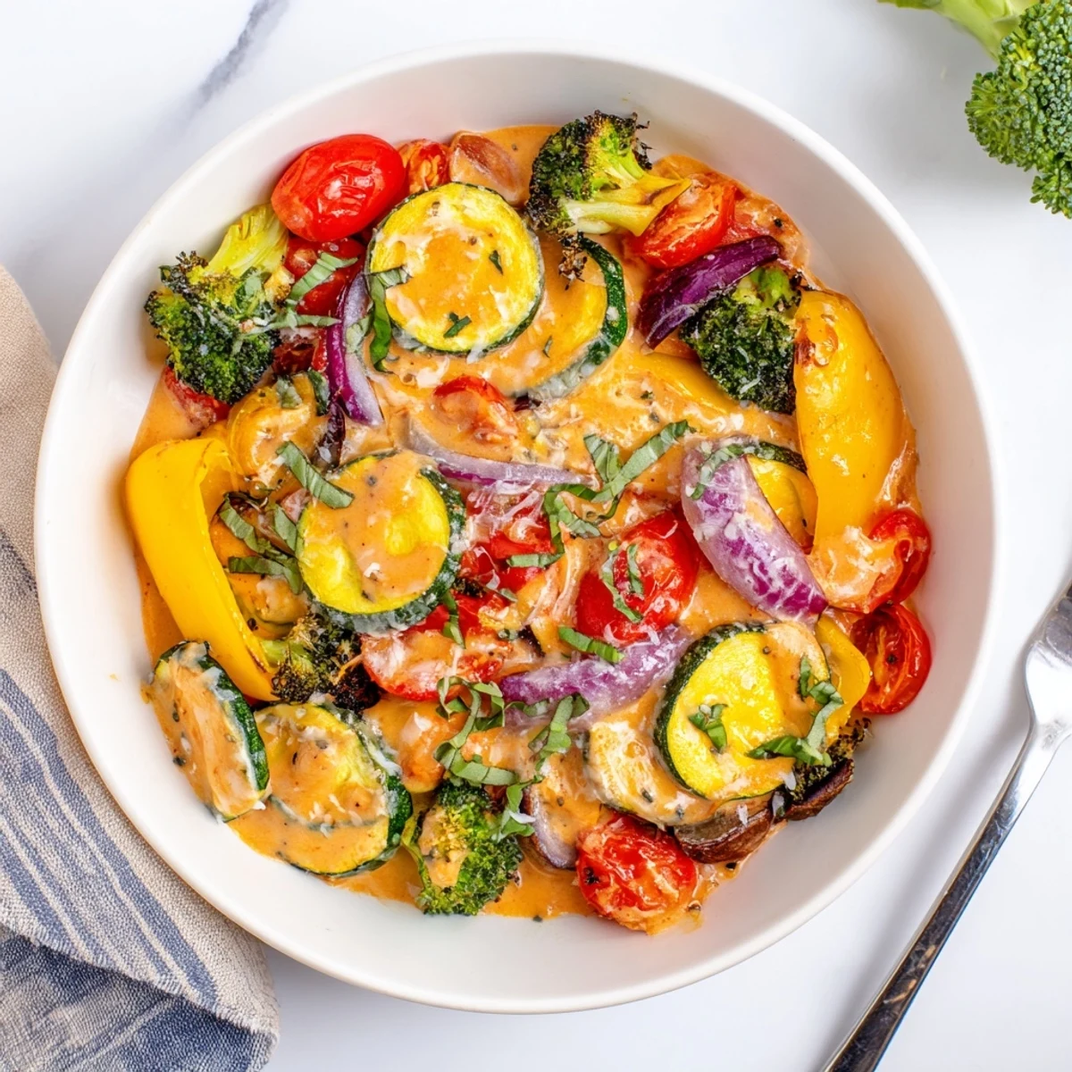 Golden oven-roasted vegetables tossed in rich Parmesan cream sauce with fresh basil garnish