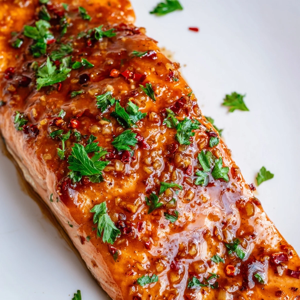 Flaky salmon fillets coated in caramelized honey garlic glaze served with lemon wedges on a white plate