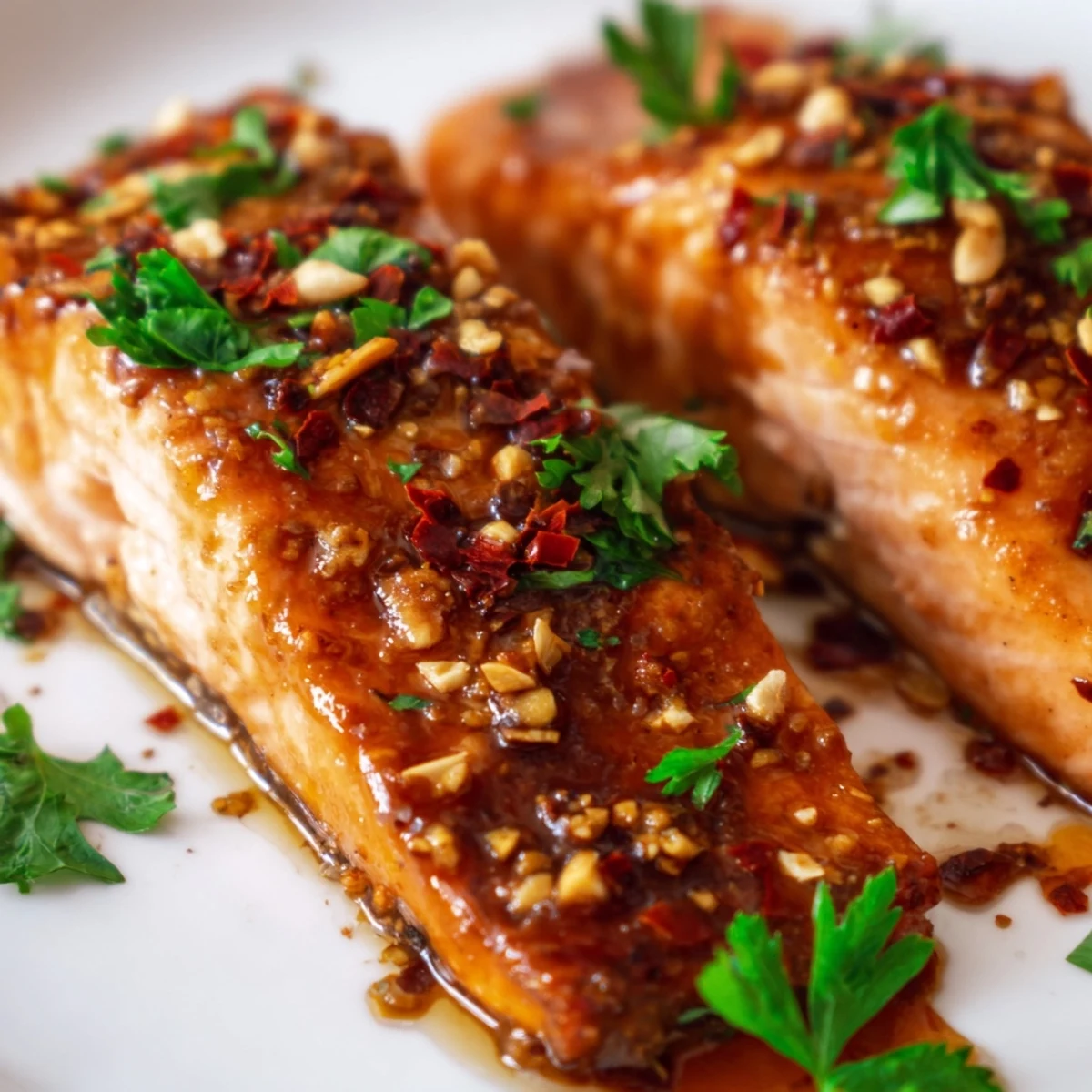 Golden pan-seared honey garlic glazed salmon drizzled with sticky sweet savory sauce and garnished with fresh parsley