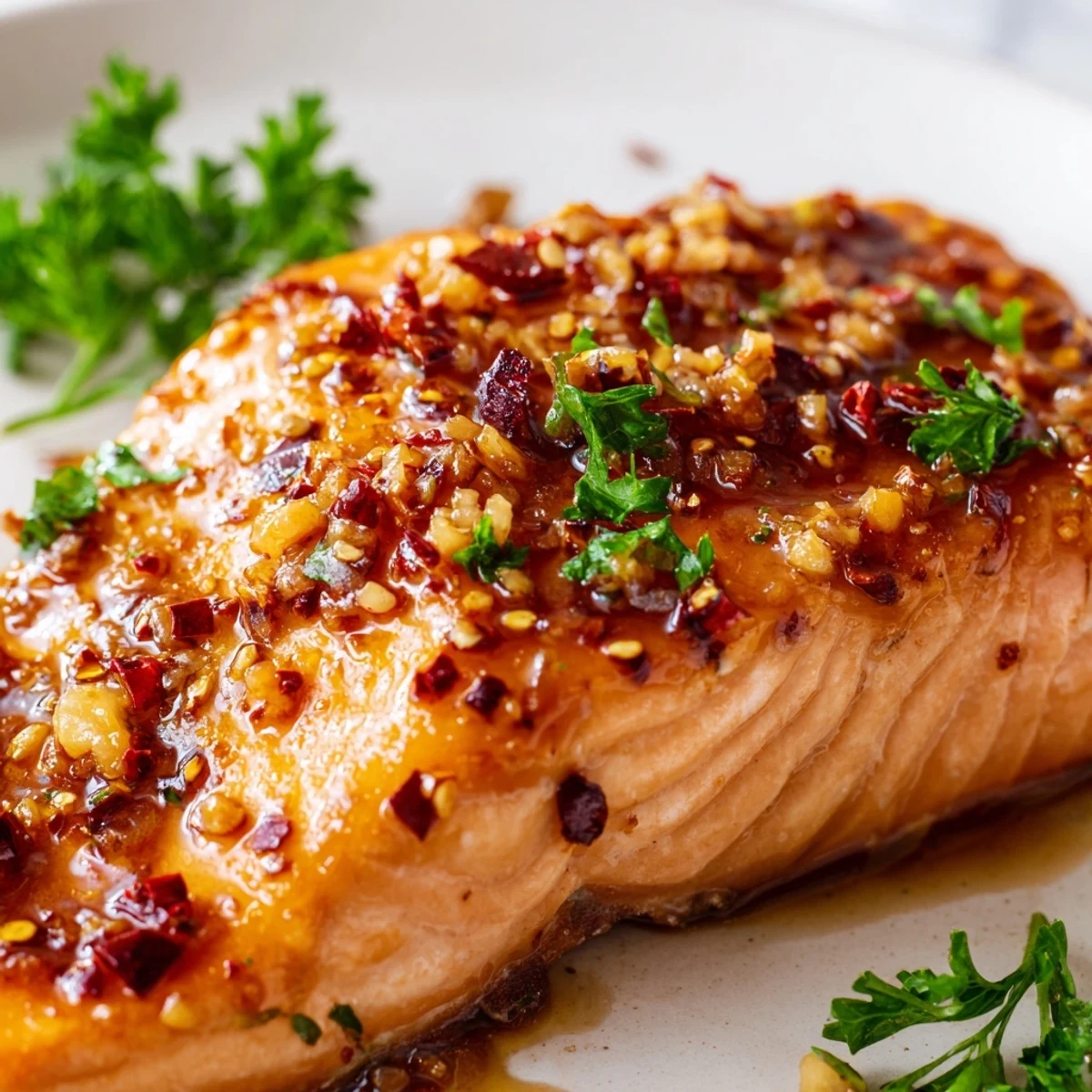 Succulent honey garlic glazed salmon with thick glossy sauce and bright green parsley sprinkle for a quick dinner