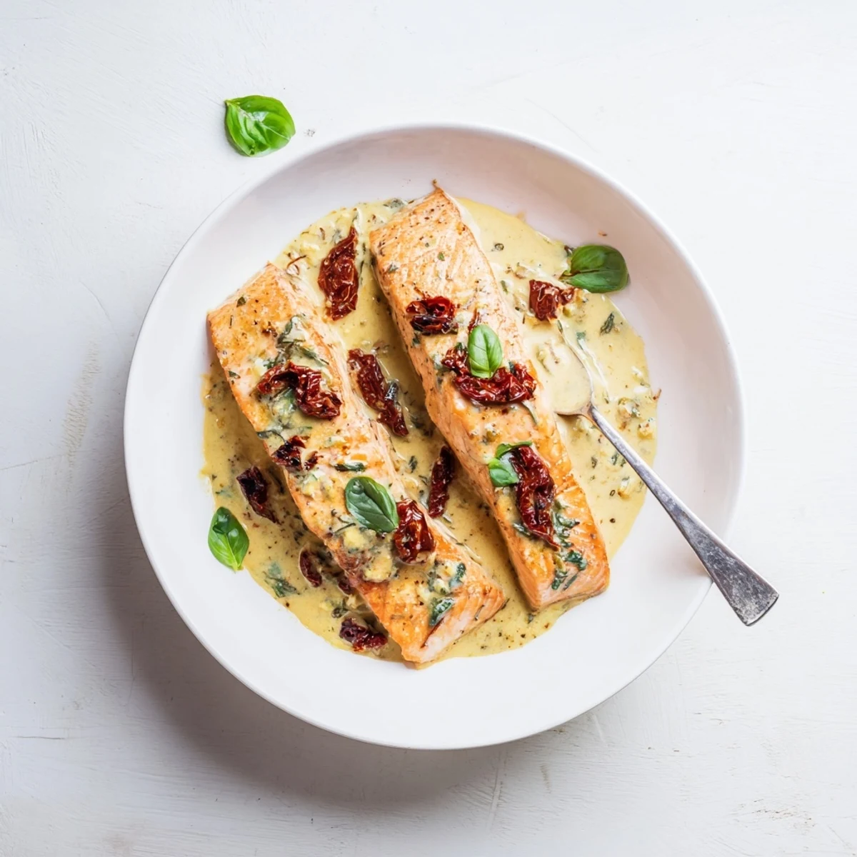 Golden pan-seared salmon fillets resting in a rich garlic parmesan cream sauce topped with sun-dried tomatoes and fresh herbs