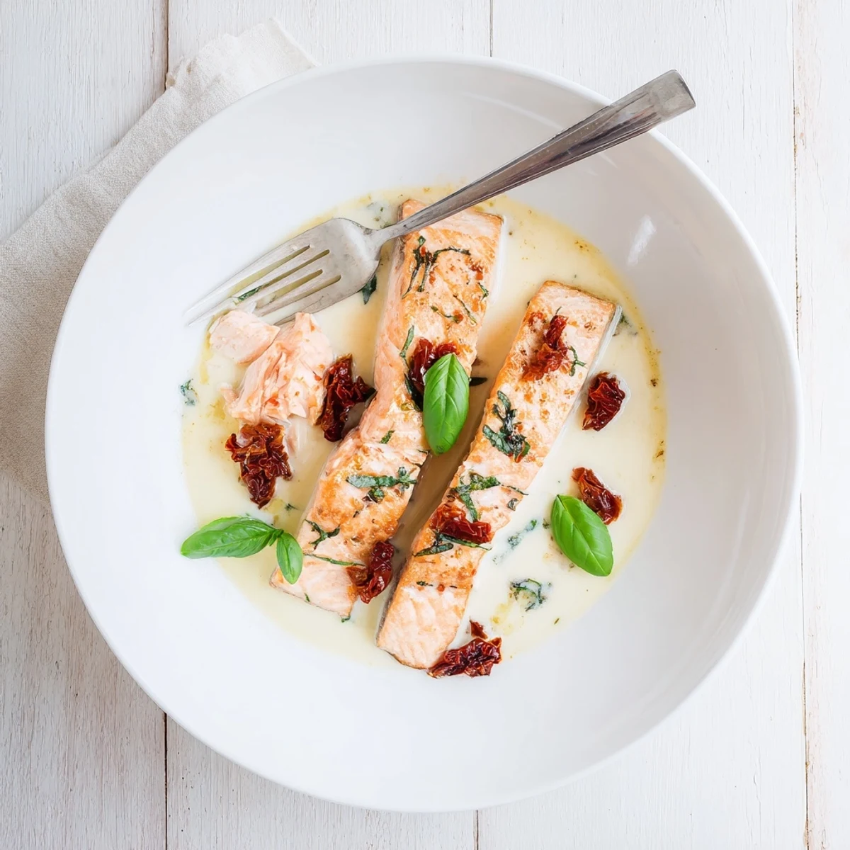 Perfectly cooked salmon pieces coated in a luscious herb-infused cream sauce with parmesan shreds and chopped sun-dried tomatoes for a romantic dinner