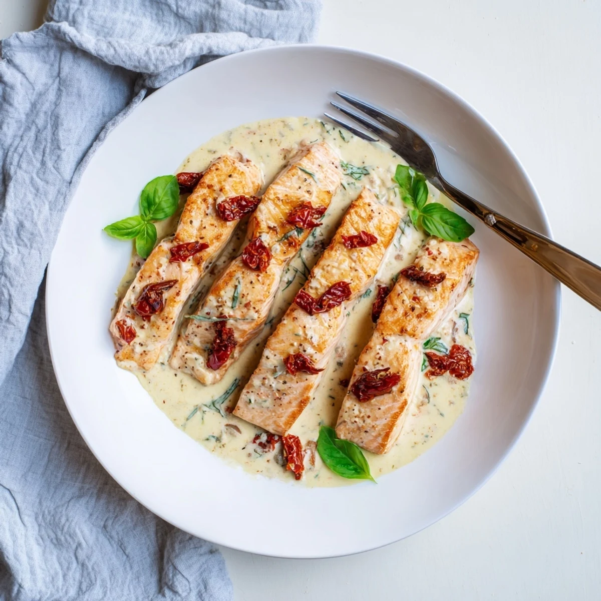 Creamy Marry Me Salmon with tender flaky fish swimming in a white wine sauce dotted with vibrant red sun-dried tomatoes