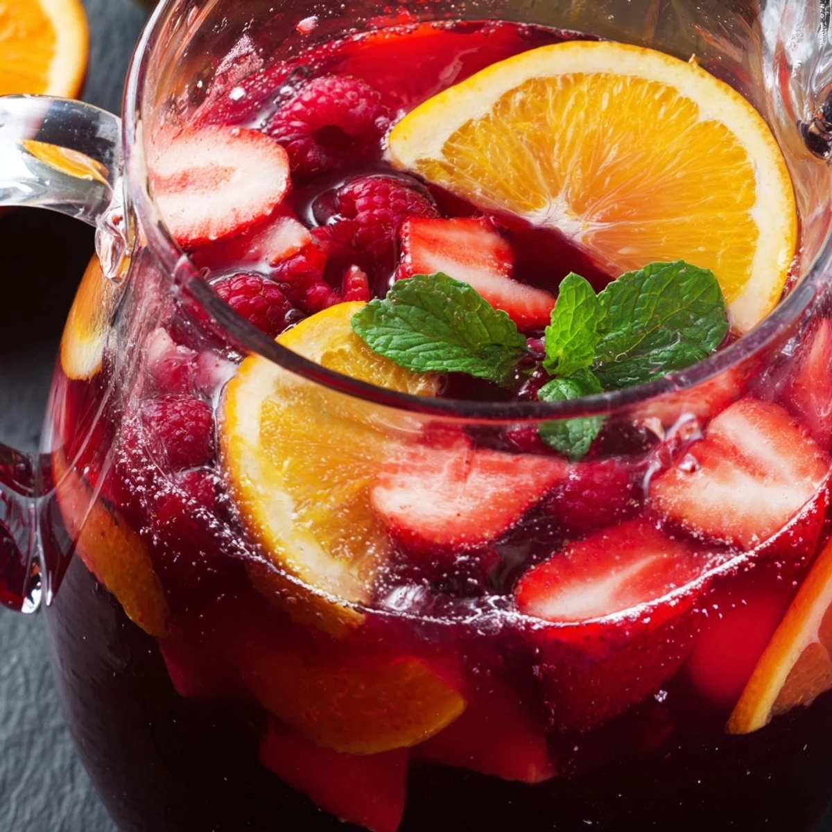 Garnished glass of refreshing Love Potion Punch with floating strawberry and orange slices