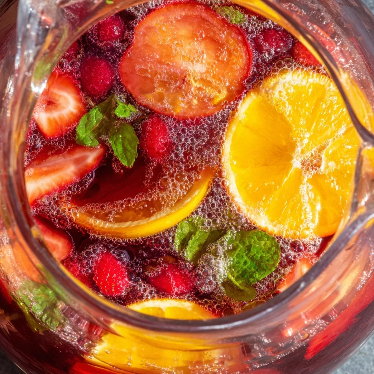 Fruity Love Potion Punch served over ice with citrus wheels and raspberries visible