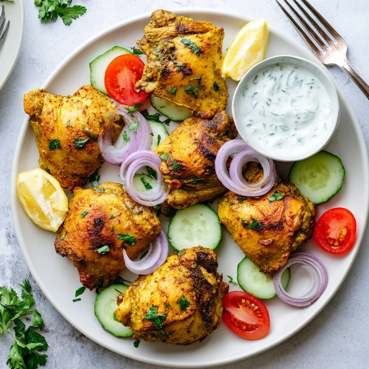 Golden Lebanese chicken thighs spiced with cumin, coriander, and cinnamon served with creamy herby yogurt sauce
