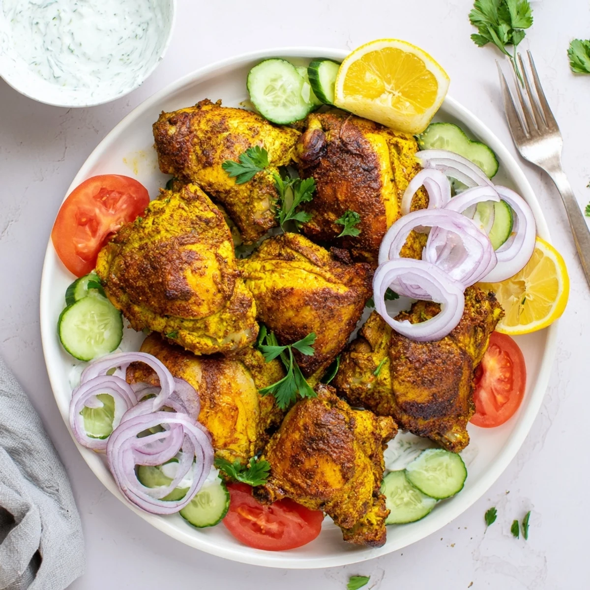 Tender roasted Lebanese chicken garnished with fresh vegetables and mint parsley yogurt dip for a vibrant dinner