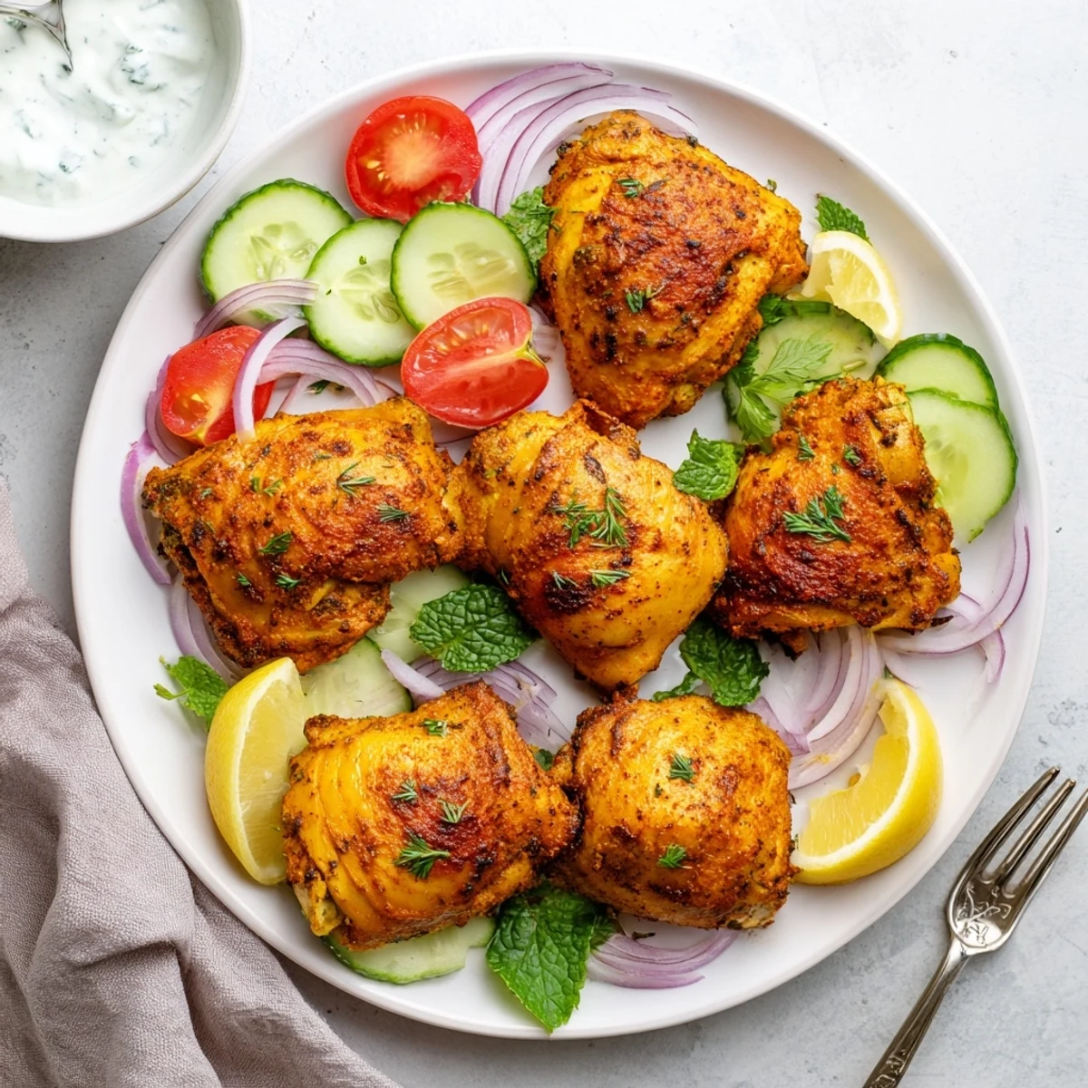 Grilled Lebanese chicken with aromatic Middle Eastern spices paired alongside cool garlic yogurt sauce and fresh lemon wedges