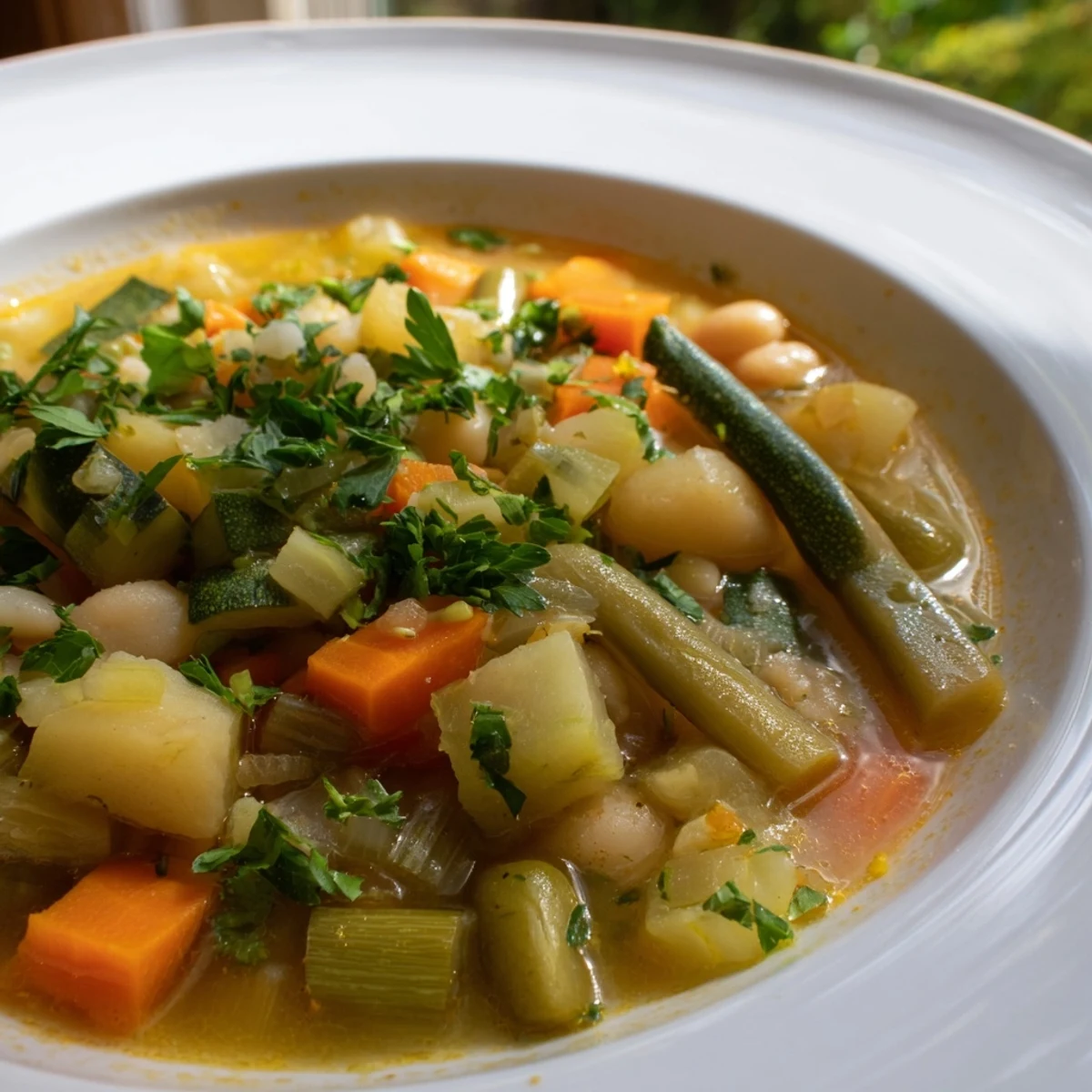 Hearty stone soup bowl filled with colorful diced vegetables and tender white beans in rich vegetable broth