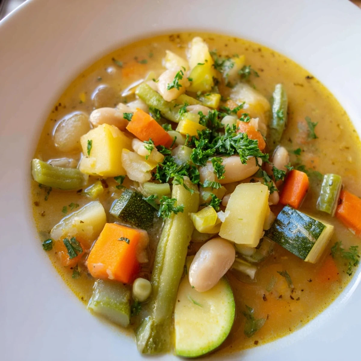 Steaming stone soup featuring carrots celery potatoes and green beans garnished with fresh parsley