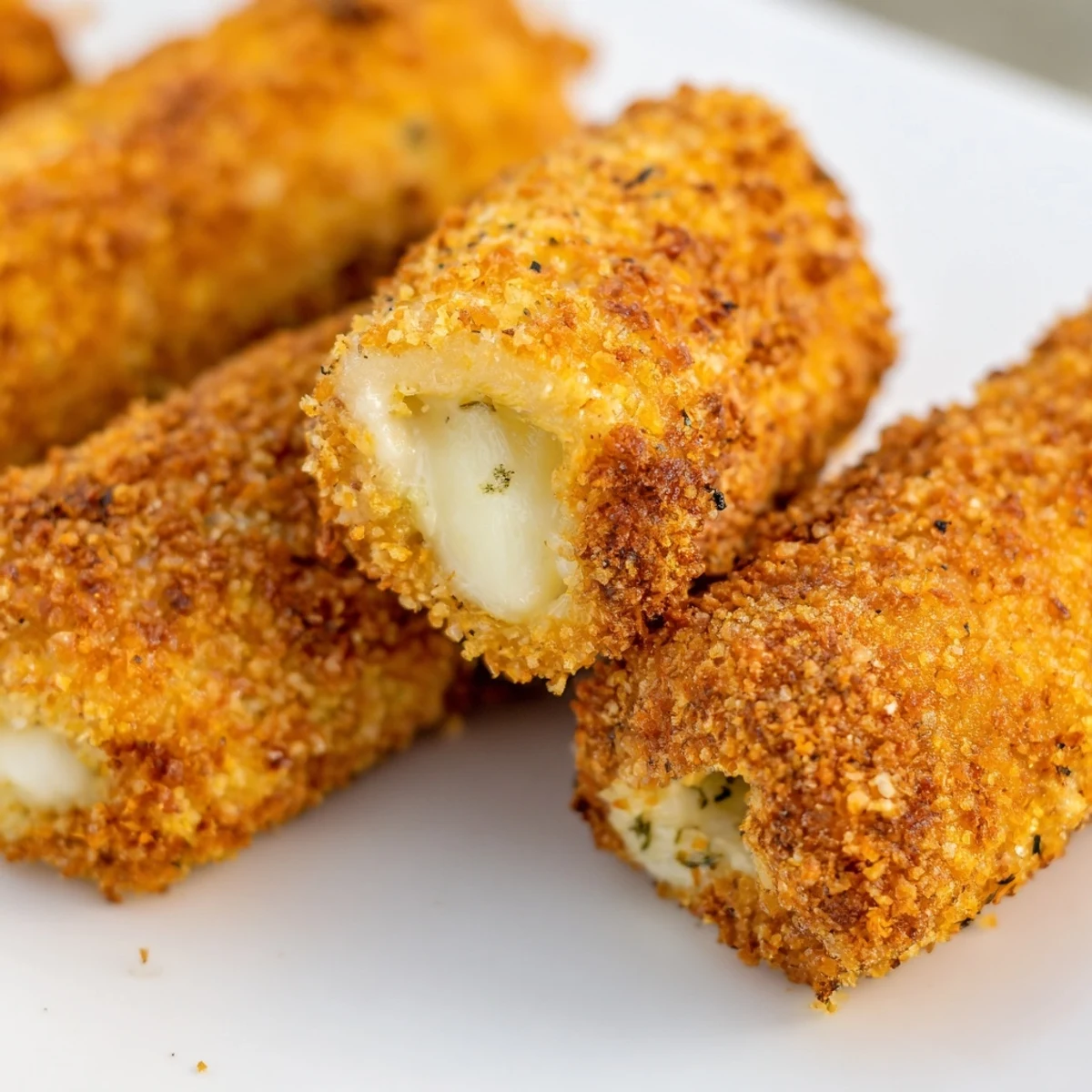 Golden crispy cheesy roll ups served on a white plate with marinara dipping sauce