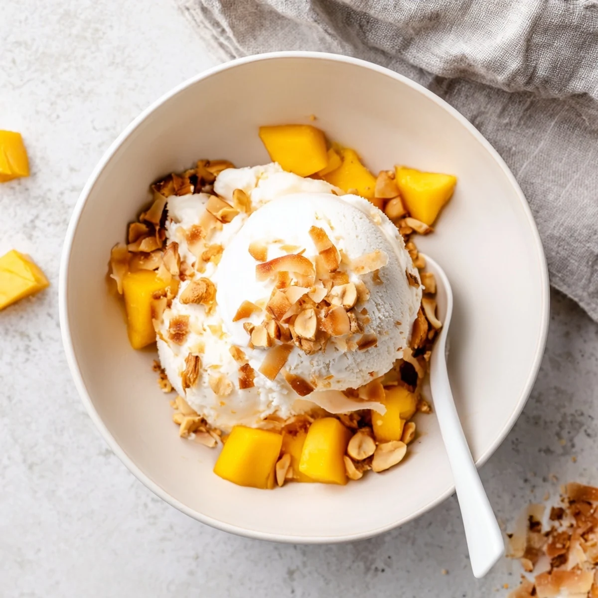 Creamy Thai coconut milk ice cream scooped into a bowl with toasted coconut flakes