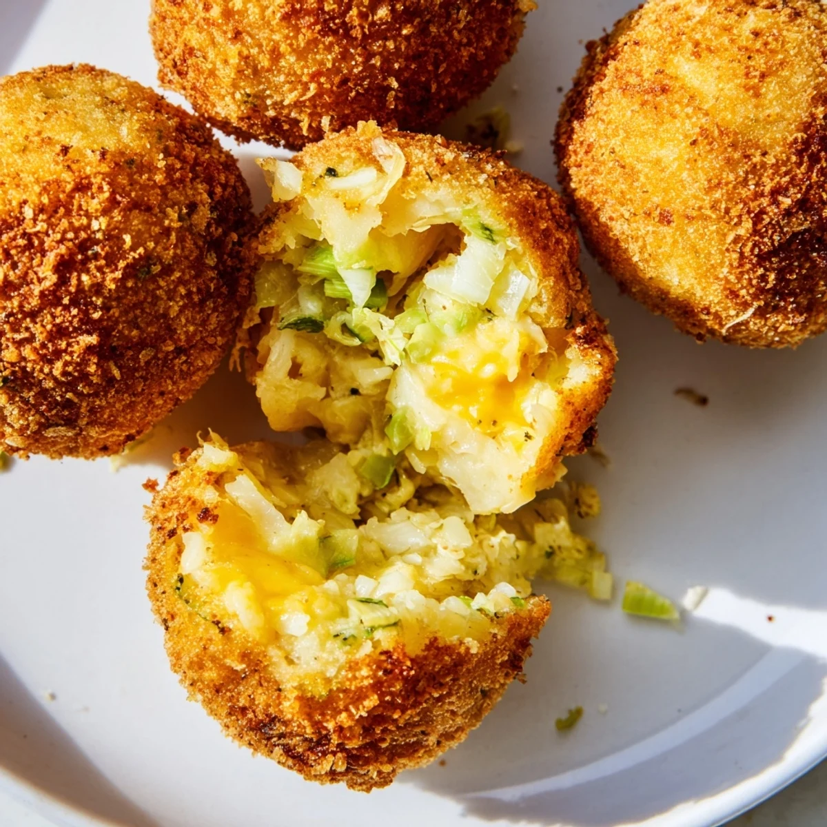 Golden brown cheesy fried colcannon balls on a white serving plate with fresh herbs
