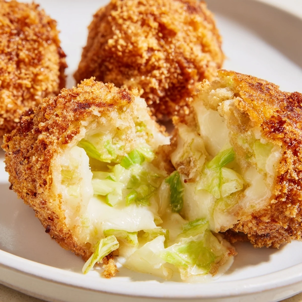 Crispy panko-coated Irish potato balls with melted cheddar cheese center on wooden board