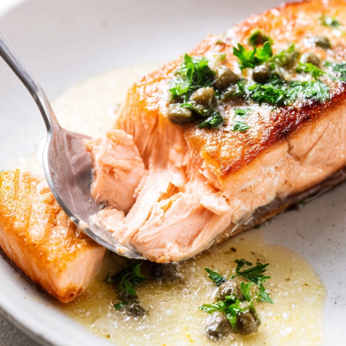 Golden crispy pan fried salmon with garlic butter sauce and fresh herbs