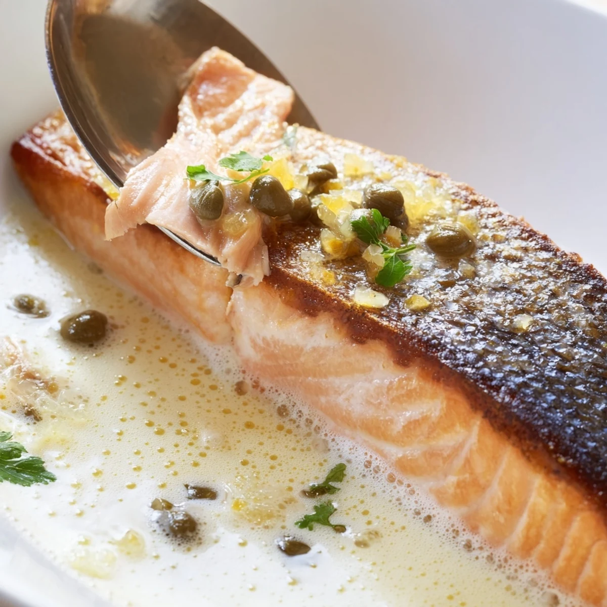 Restaurant-style Gordon Ramsay pan fried salmon served with seasonal vegetables and lemon wedges