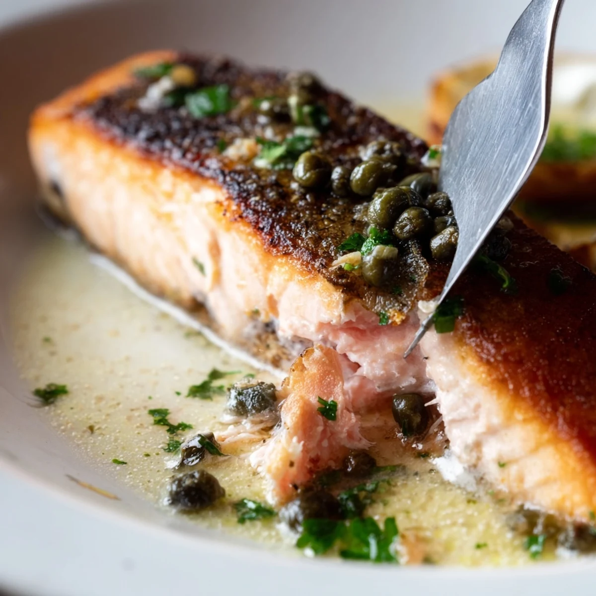 Gordon Ramsay pan fried salmon fillet with caper lemon sauce and tenderstem broccoli