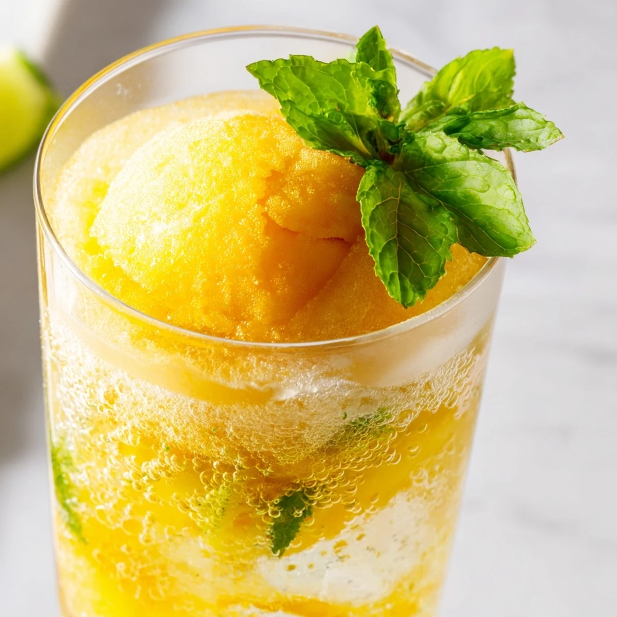 Golden mango ginger float topped with vanilla ice cream and fresh mint garnish in tall glass