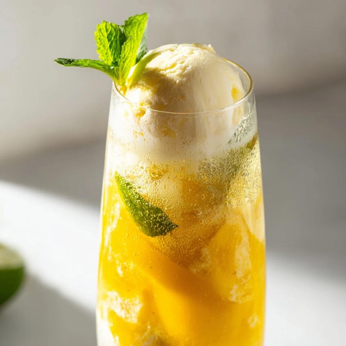 Tropical mango ginger float beverage featuring zesty ginger puree with melting vanilla ice cream