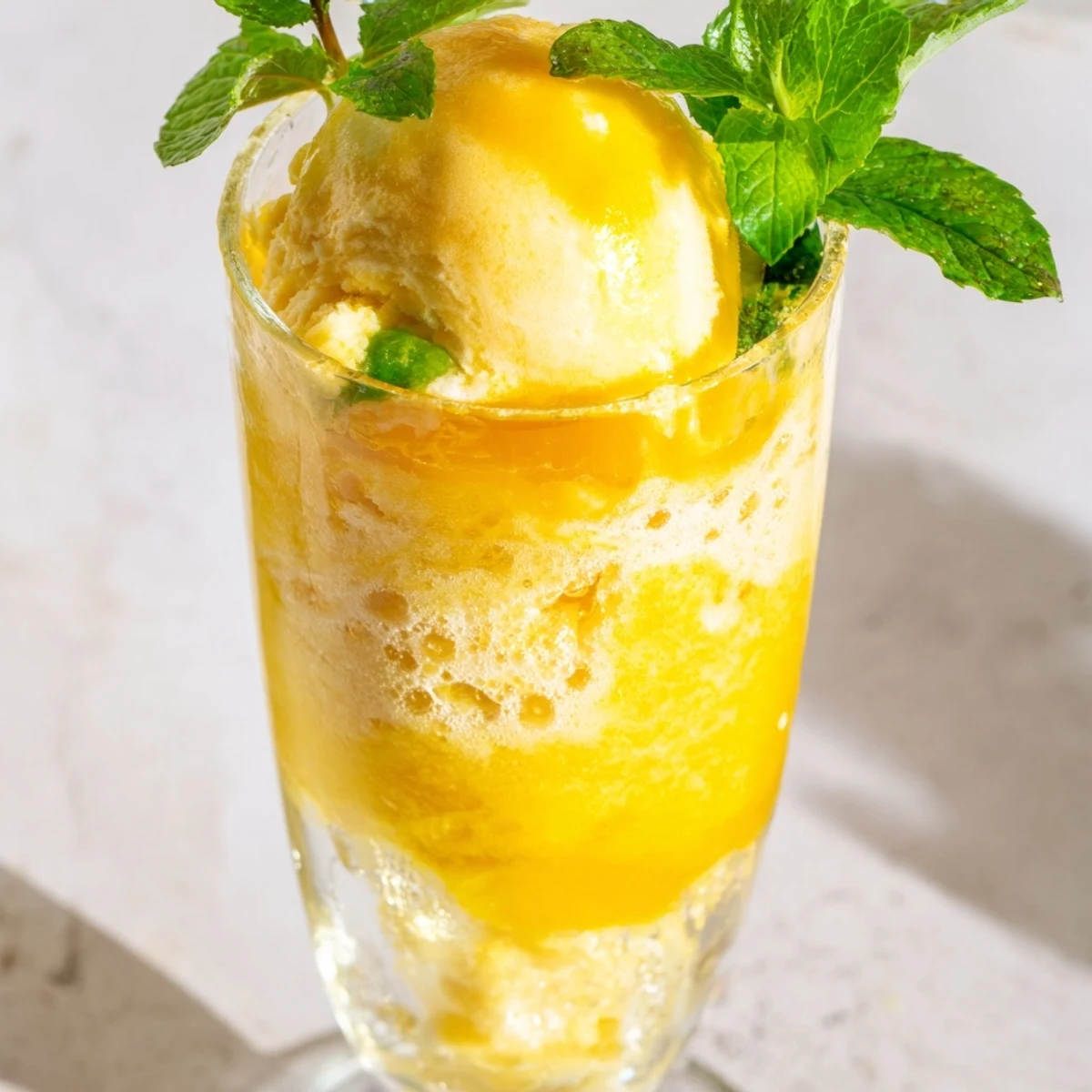 Refreshing mango ginger rebel float with creamy vanilla scoop floating over sparkling soda
