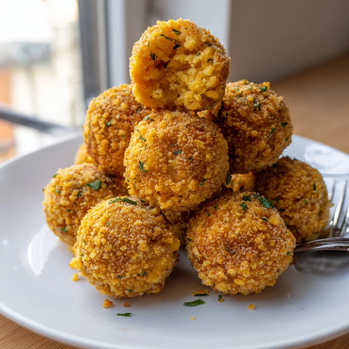 Golden crispy cornbread dressing balls arranged on a serving platter garnished with fresh parsley