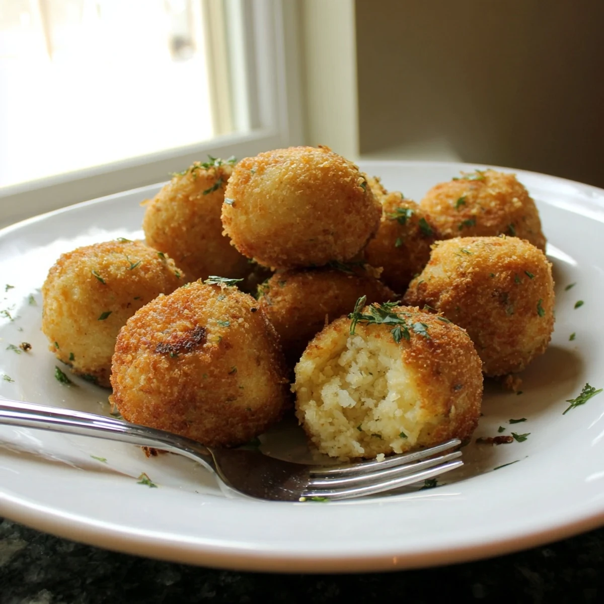 Close-up of golden brown cornbread balls featuring tender interior and crispy fried exterior texture