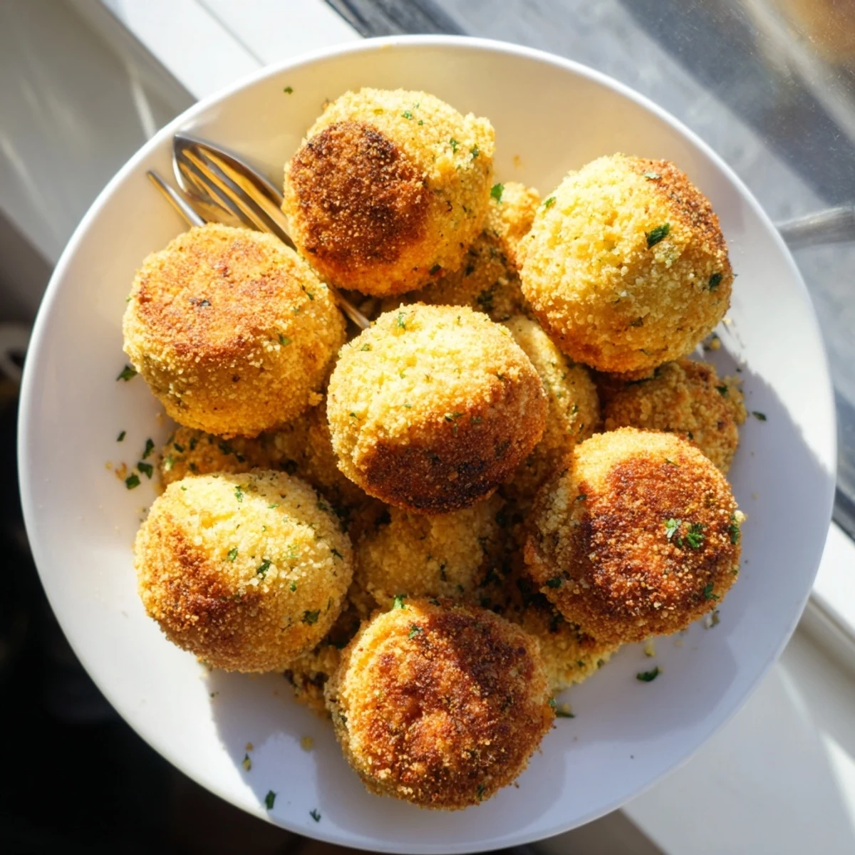 Fried Southern cornbread dressing balls with crunchy panko coating ready for holiday appetizer serving