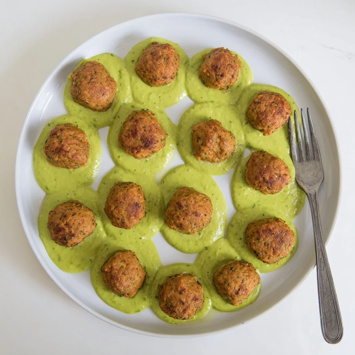 Healthy baked salmon meatballs served alongside a bowl of fresh homemade avocado dipping sauce