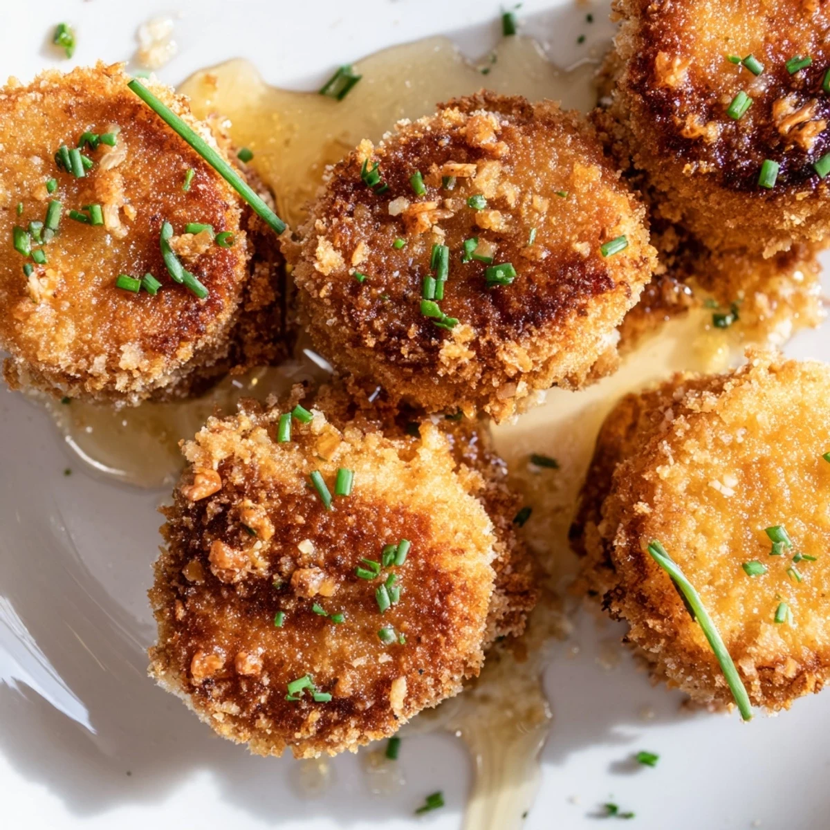 Crispy pretzel crusted goat cheese rounds fried to golden perfection garnished with fresh chopped chives