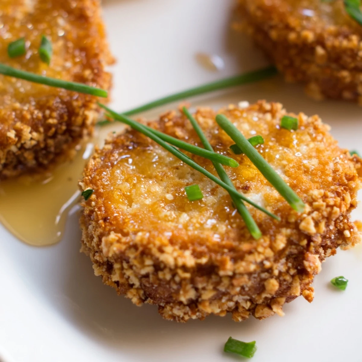 Golden fried goat cheese medallions with salty pretzel crust and honey drizzle on serving plate