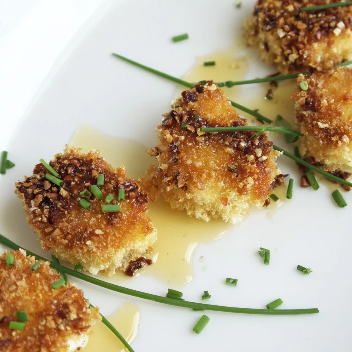 Tangy goat cheese bites coated in crunchy crushed pretzels served warm with balsamic glaze