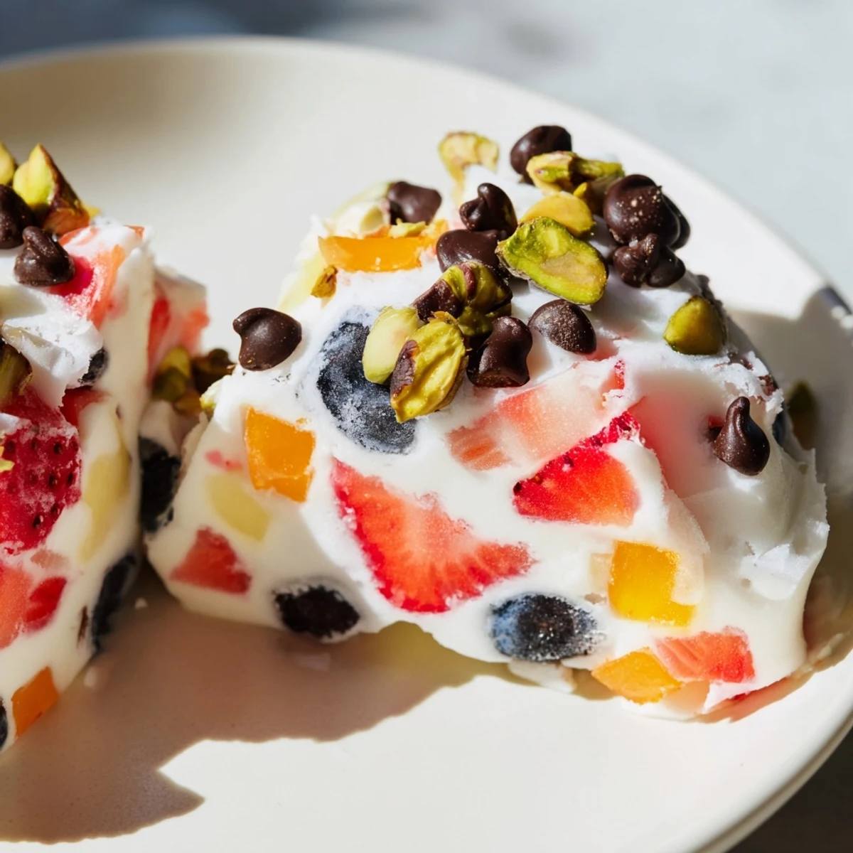 Frozen Greek yogurt bites topped with colorful fresh berries and dark chocolate chips on a white plate