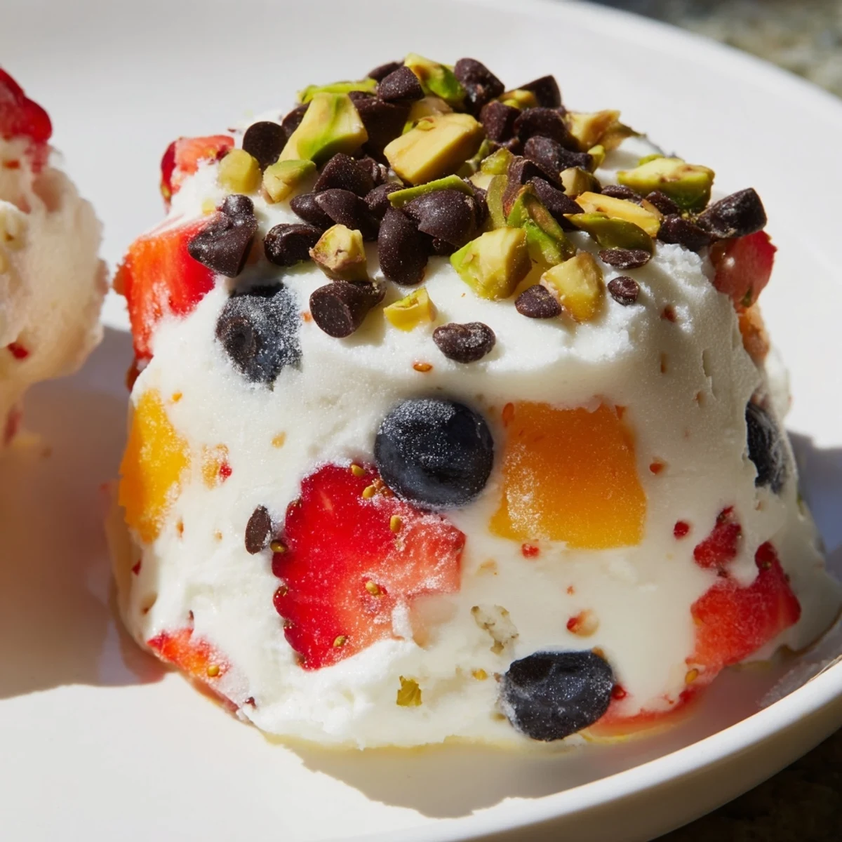 Creamy Frozen Greek yogurt bites with strawberries, blueberries, and mango arranged on a parchment-lined baking sheet